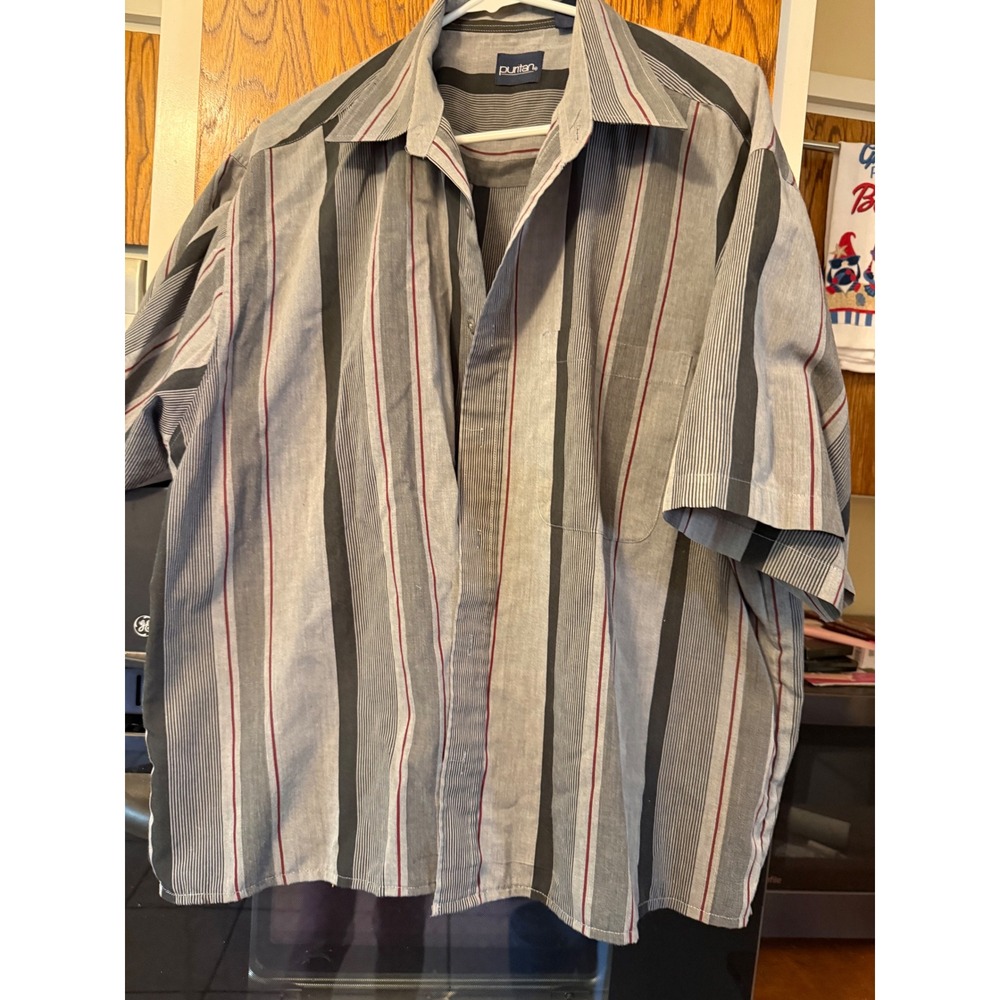 Puritan Mens Short Sleeve Button Up Shirt Gray Black Red Striped Casual Large